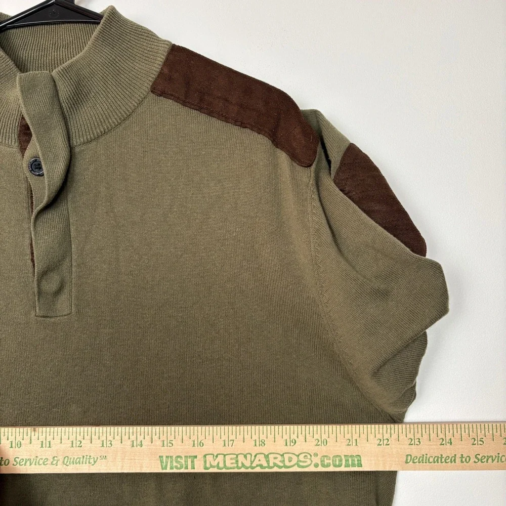 John Bartlett Men Henley Sweater Large Olive Green Elbow Patches Academia Preppy